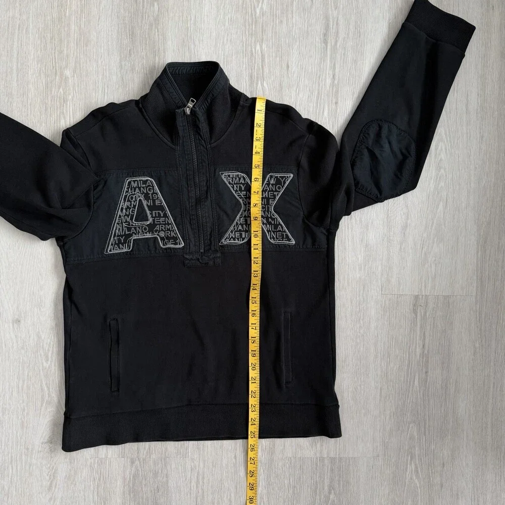 Armani Exchange AX men's Quarter Zip Sweatshirt Black Size M Large Logo Patch - Picture 7 of 9
